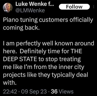 Luke WEnke snubs his nose at so-called "inner city" people x/twitter screenshot september 2023