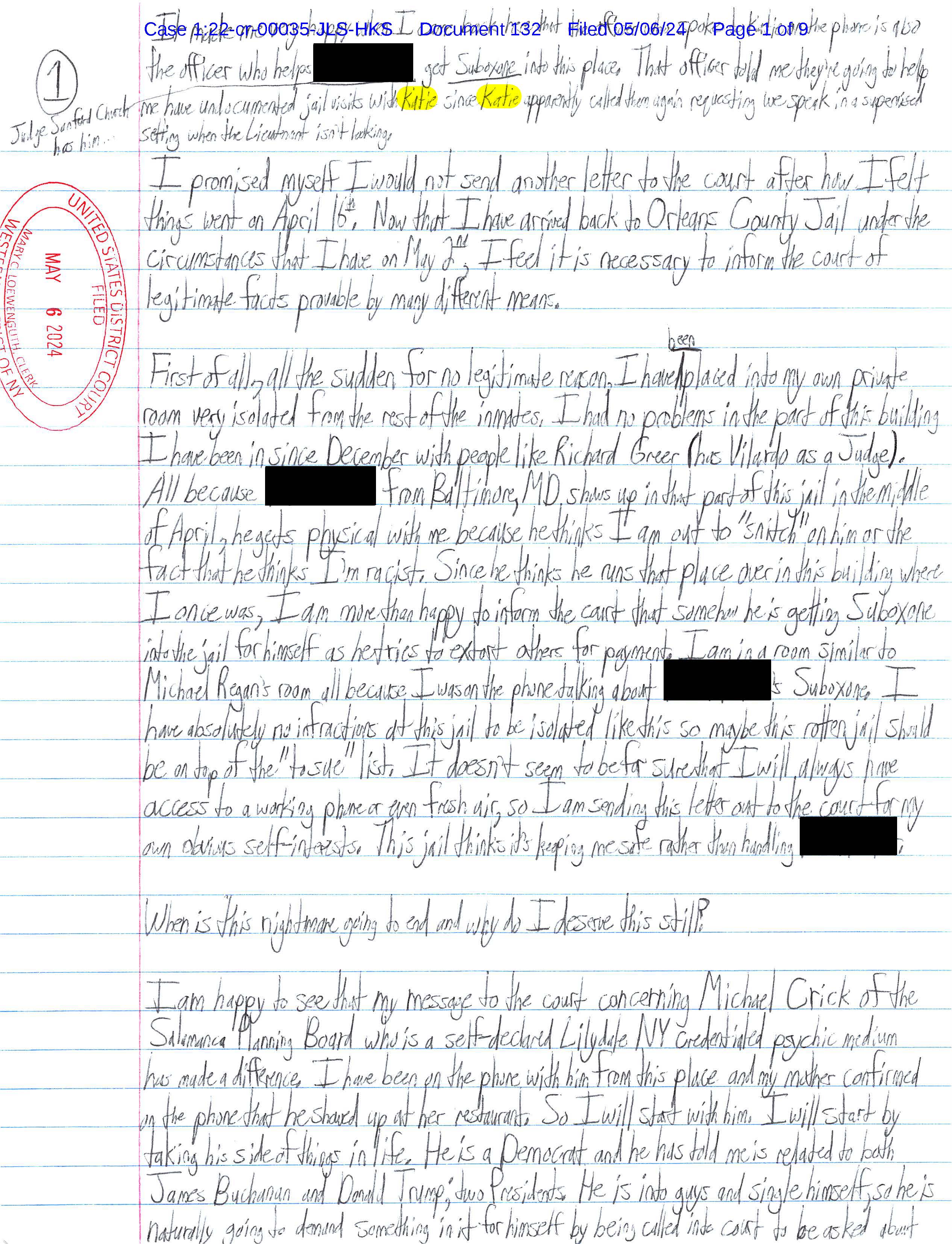A handwritten letter from Luke Wenke to the Honorable John L. Sinatra, Jr.; 05/06/2024