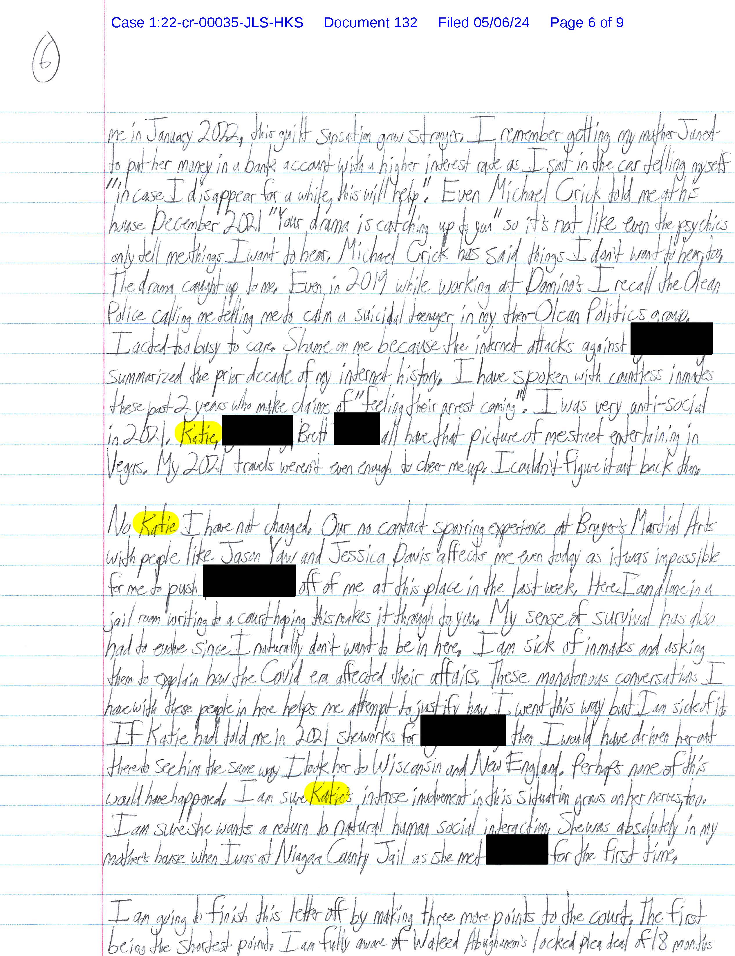 A handwritten letter from Luke Wenke to the Honorable John L. Sinatra, Jr.; 05/06/2024
