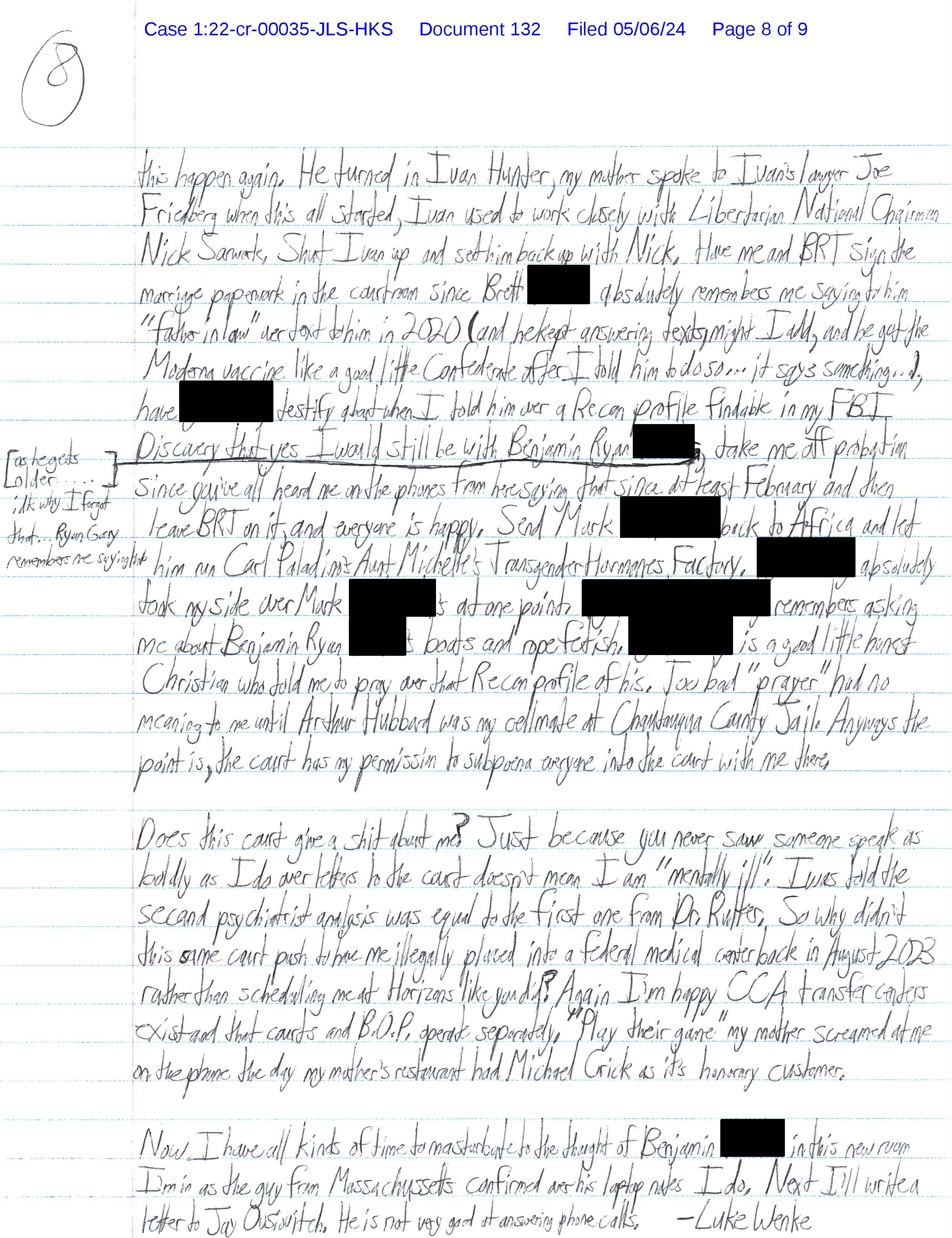 A handwritten letter from Luke Wenke to the Honorable John L. Sinatra, Jr.; 05/06/2024