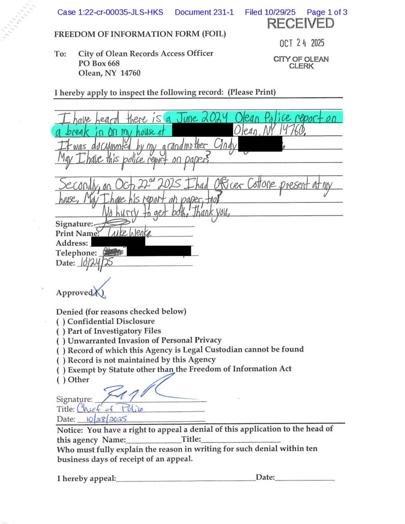luke wenke's foil request to the olean police for an imaginary home break-in report 2025