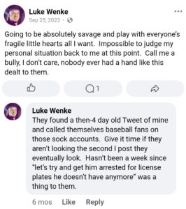 luke wenke facebook screenshot owed demands 2023