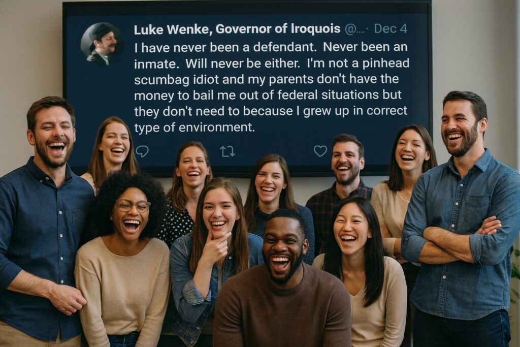 luke wenke tweet never going to jail crowd laughing hysterically x twitter