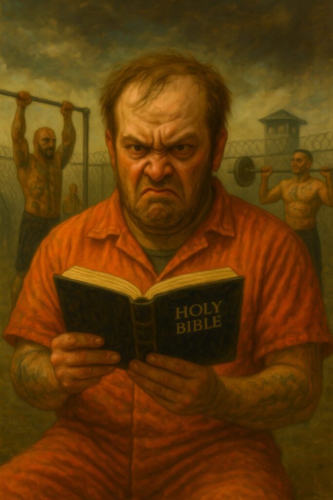 not luke wenke angry inmate white man orange jumpsuit holy bible prison rec yard inmates
