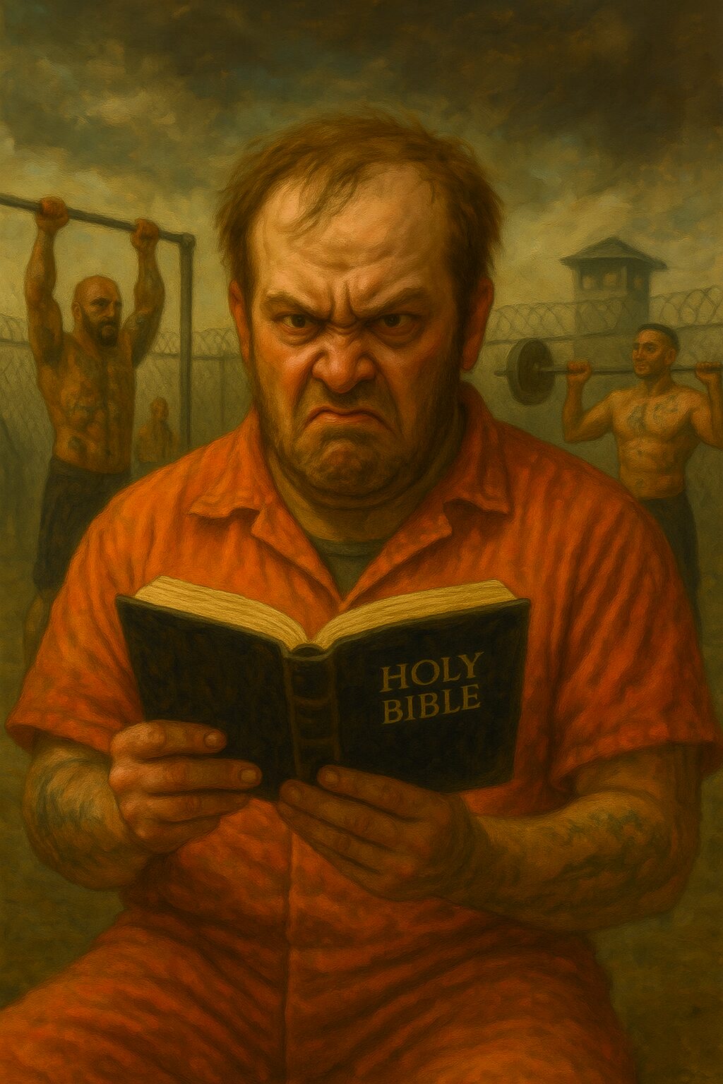 not luke wenke angry inmate white man orange jumpsuit holy bible prison rec yard inmates
