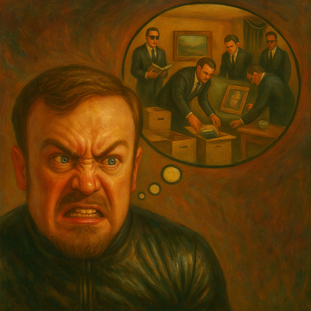 an enraged white man in a black latex suit daydreaming about federal agents robbing his mom's house