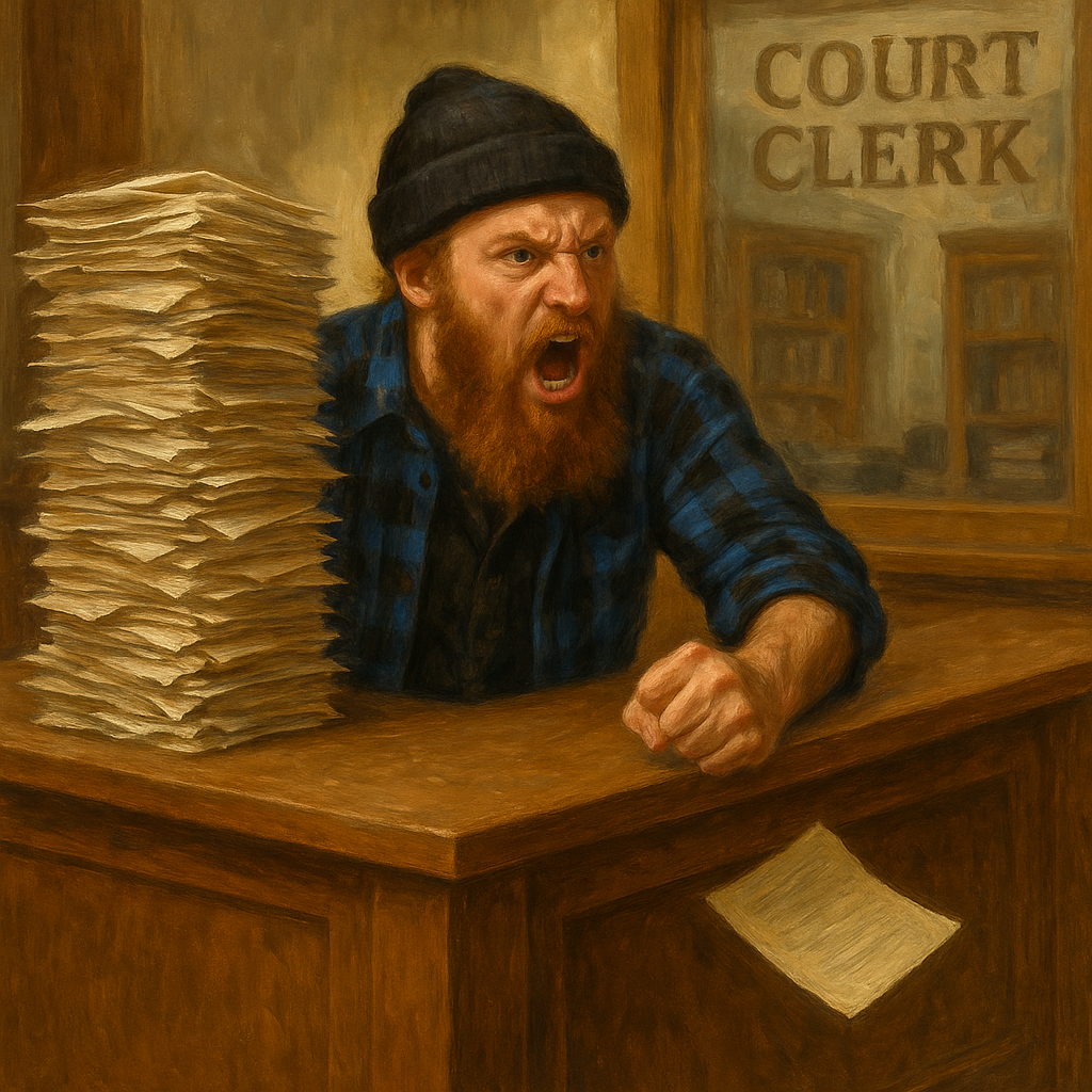 angry white man bushy berad not luke wenke court clerk stack of papers fist ponding desk