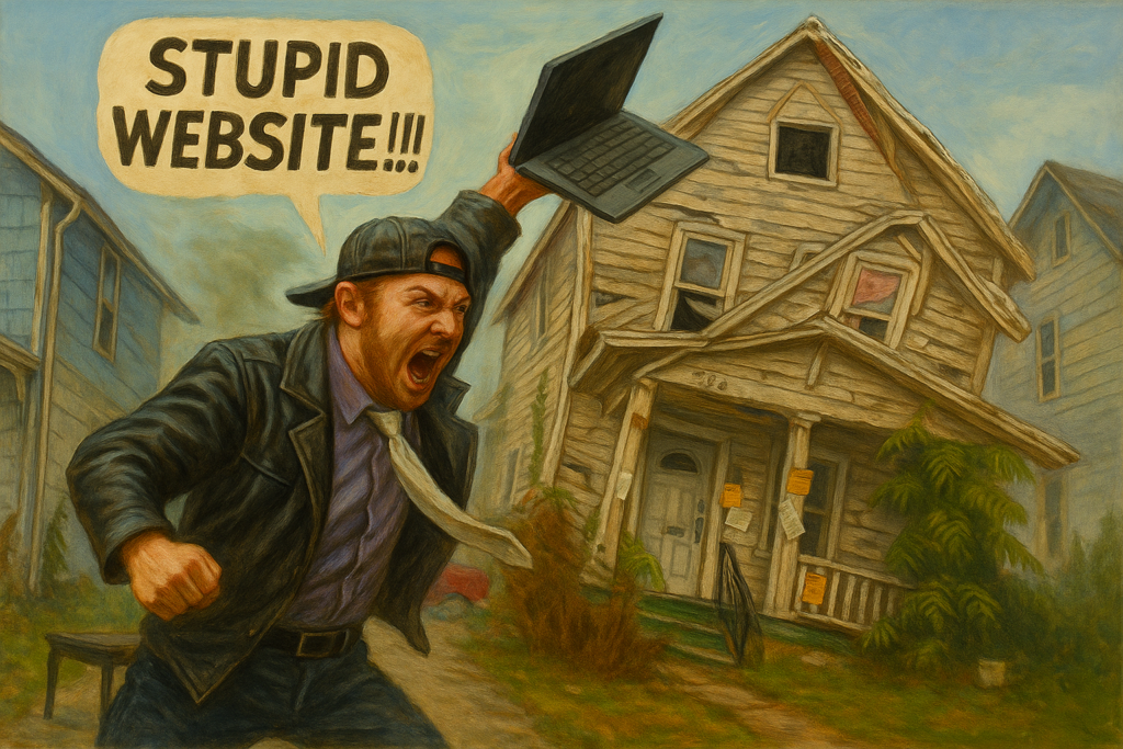 an enraged 30-something white man smashing a laptop in the front yard of his condemned home because he's angry about a website