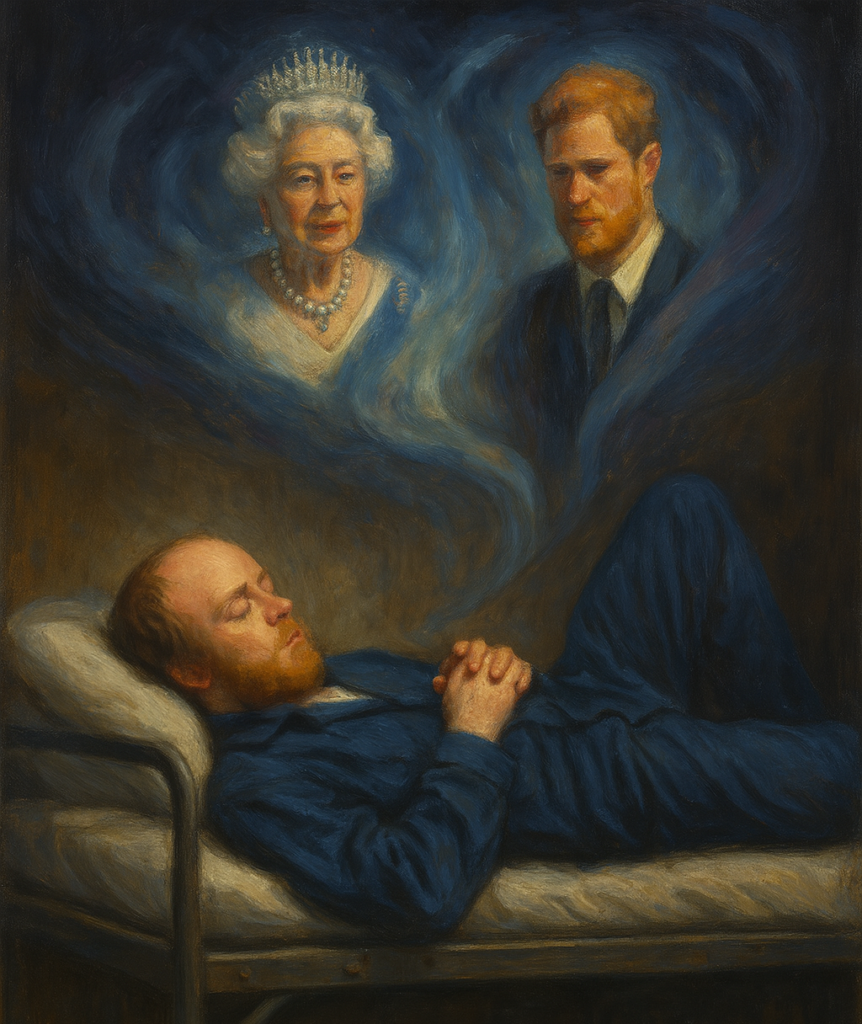 a painterly depiction of an inmate in a blue jumpsuit dreaming about british royalty while asleep on a prison cot