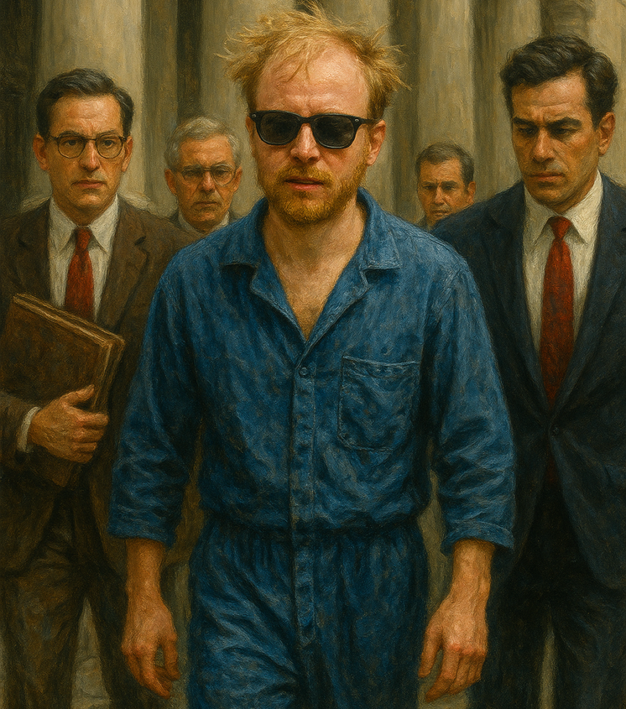 not luke wenke white man defendant balding blonde sunglasses outside courtroom entourage lawyers defense team blue jumpsuit jail detainee