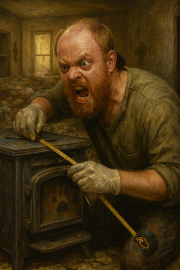 an enraged generic balding white man holding measuring tape and crouching over a damaged pellet stove inside a hoarded house