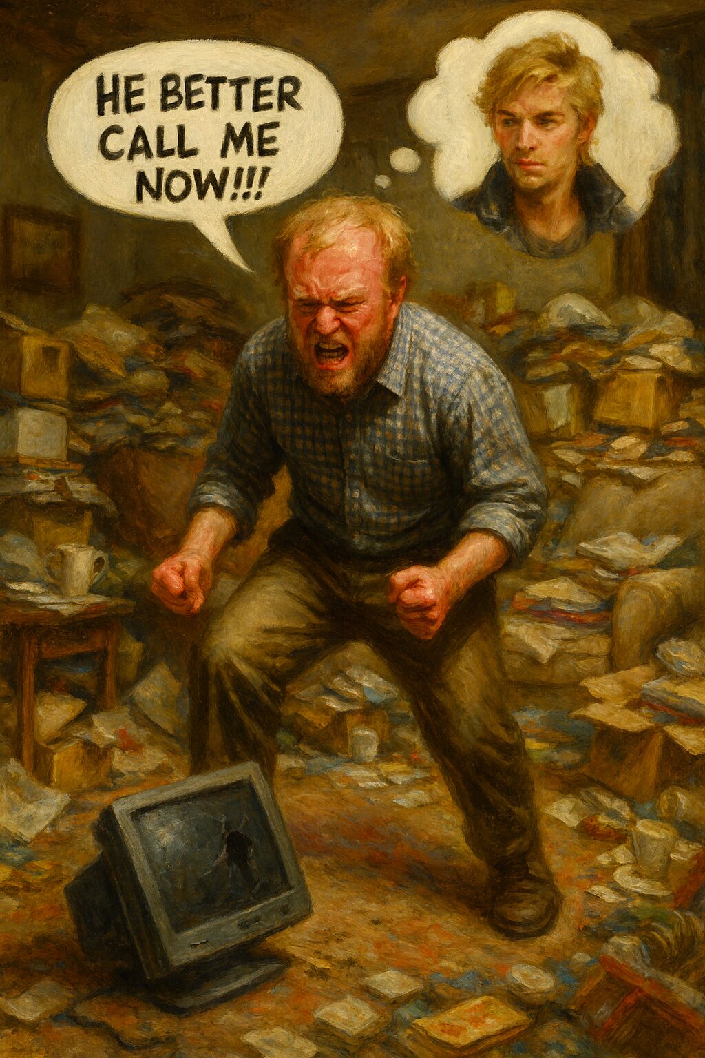 painterly depiction of a generic angry white man smashing a computer on the floor in a hoarded living room and demanding a phone call from his romantic obsession