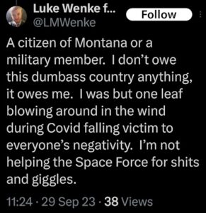 luke wenke x/twitter post saying the united states owes him september 2023