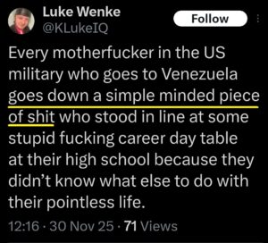 luke wenke x twitter screenshot antimilitary antiamerican 2025