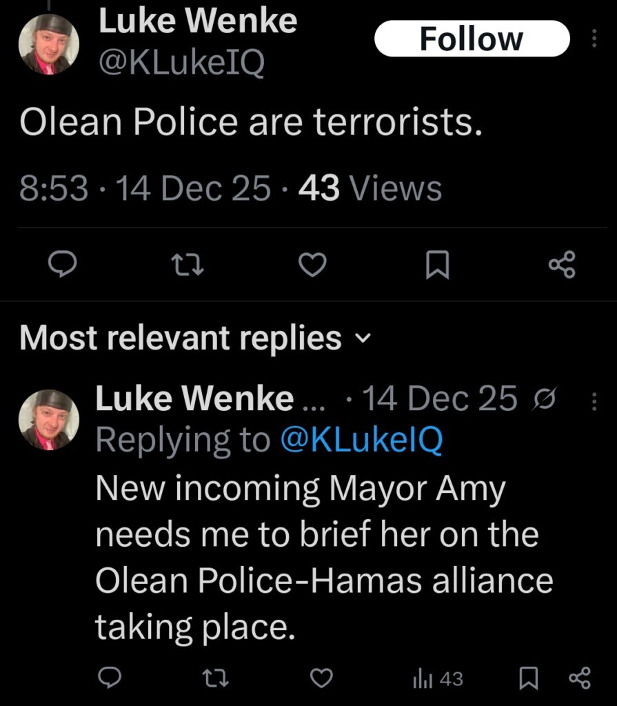 screenshot of a luke wenke x/twitter post calling the olean police terrorists