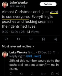 luke wenke x twitter screenshot threats to sue everyone 2025