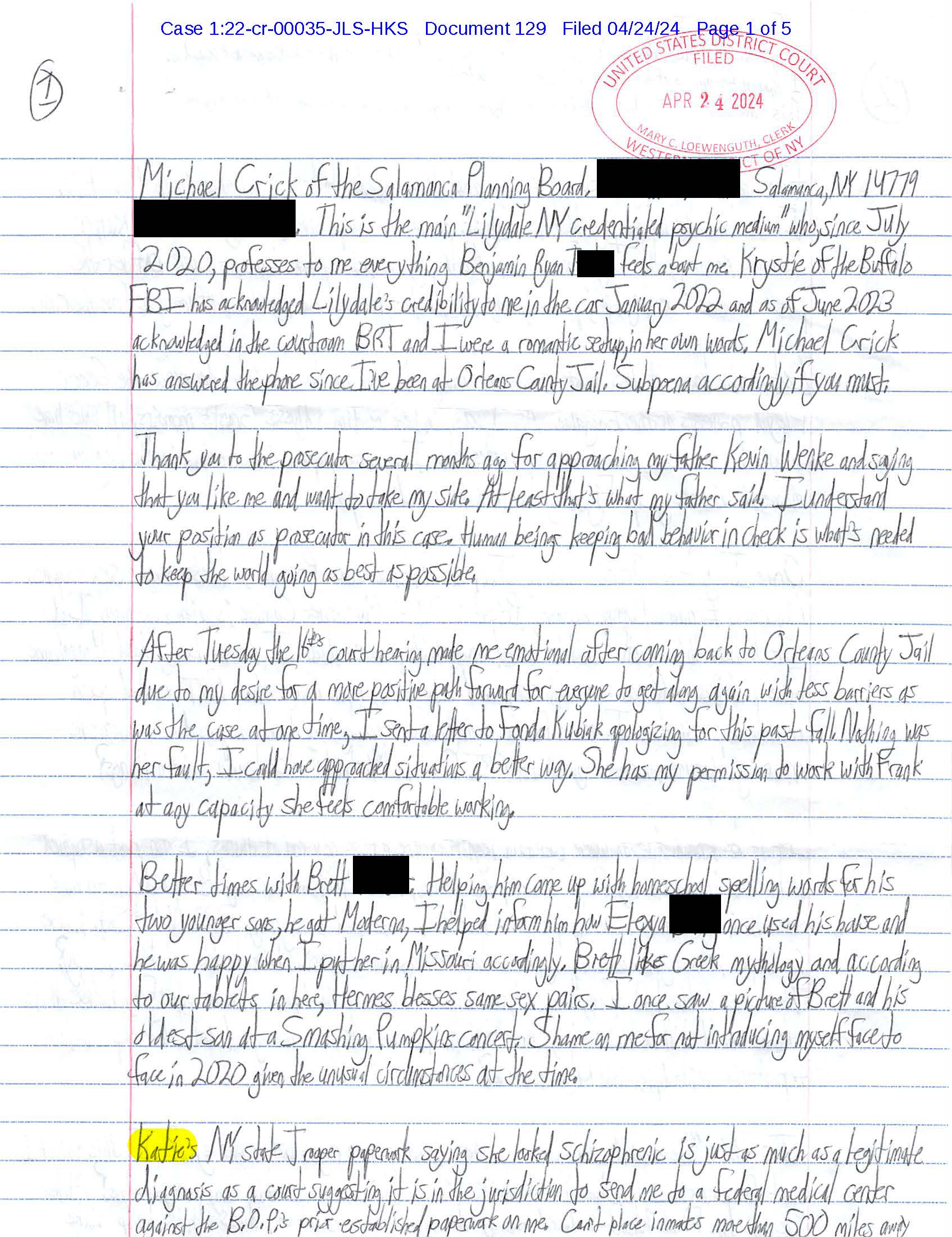 A handwritten letter from Luke Wenke to federal judge John Sinatra, Jr.; 04/24/2024.