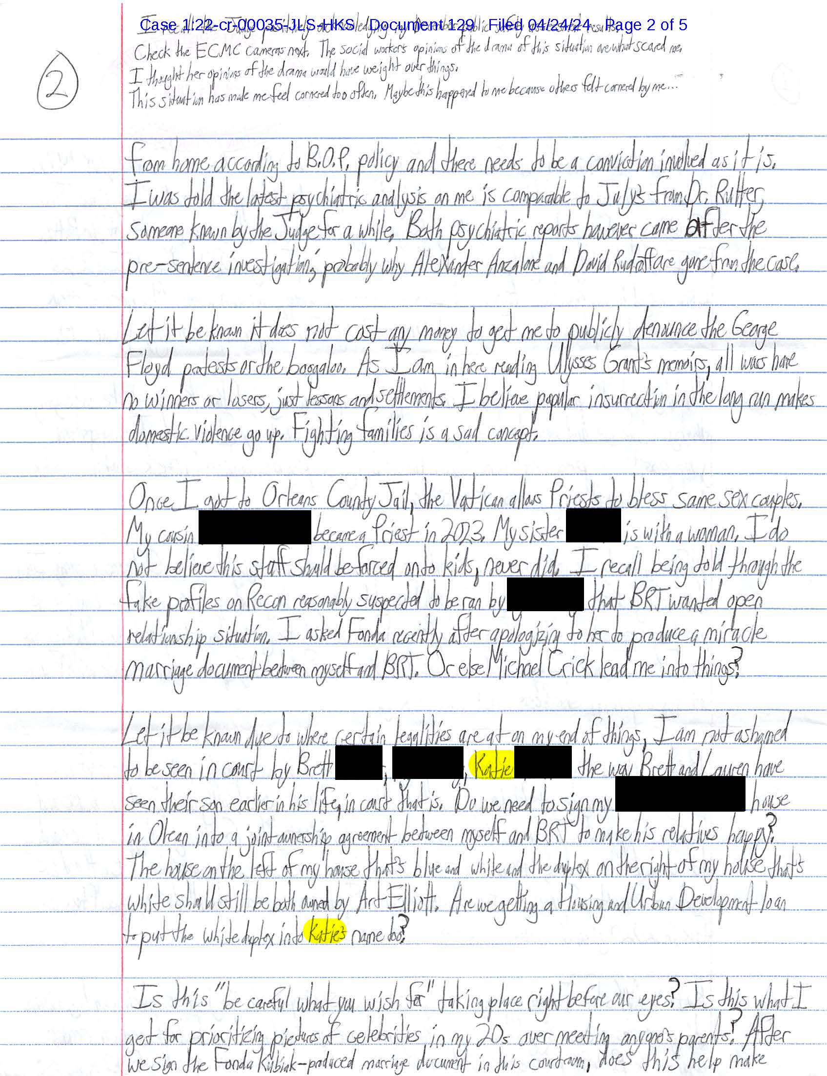 A handwritten letter from Luke Wenke to federal judge John Sinatra, Jr.; 04/24/2024.