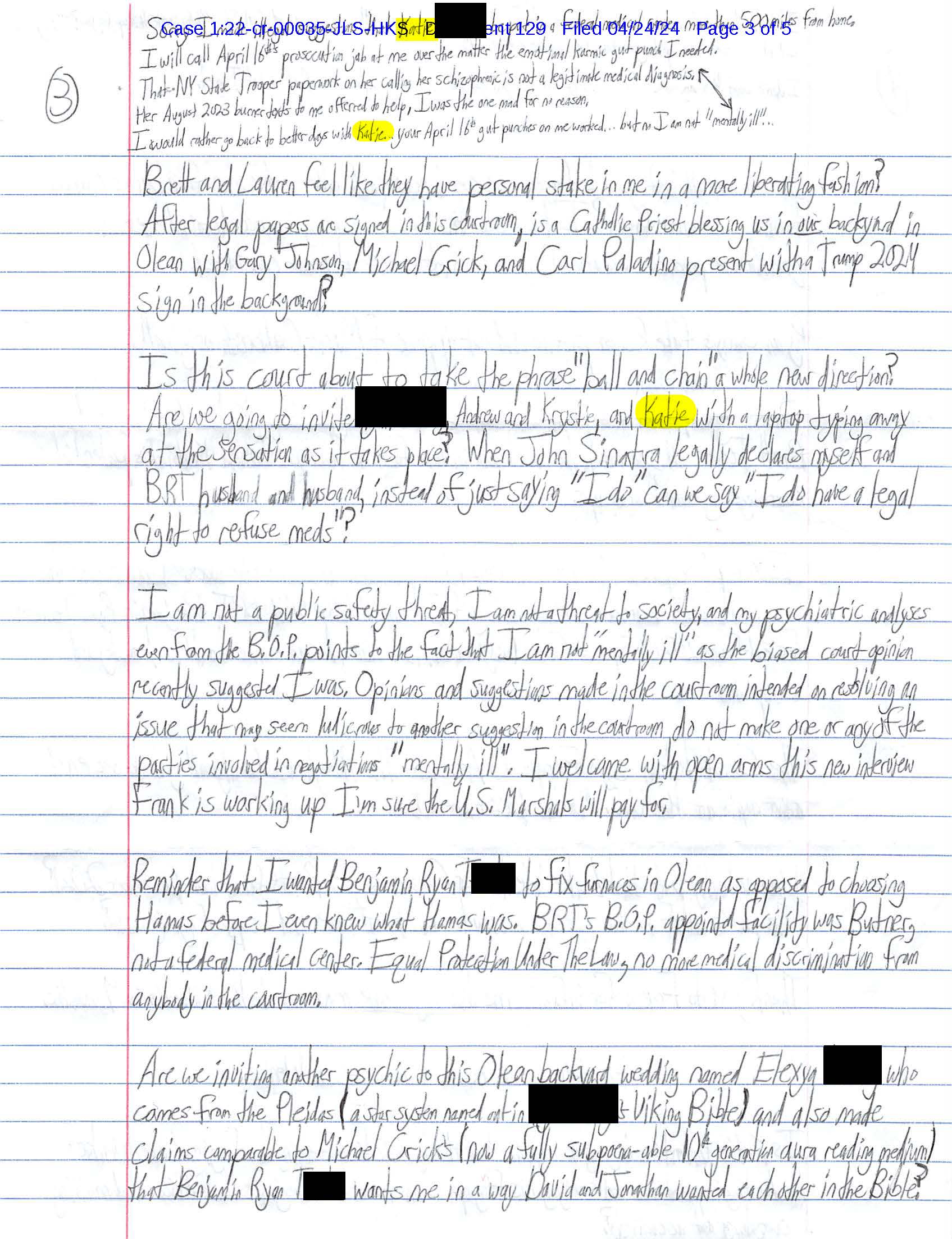 A handwritten letter from Luke Wenke to federal judge John Sinatra, Jr.; 04/24/2024.