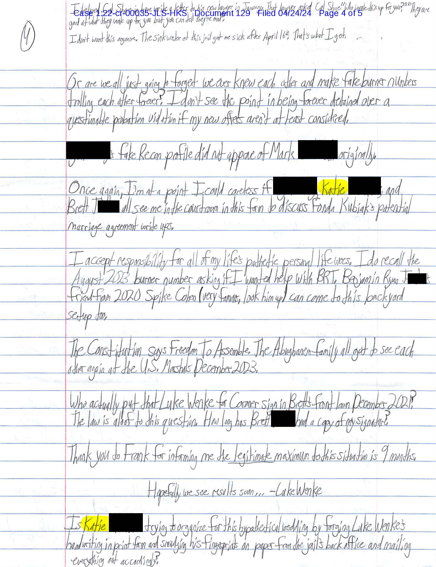 A handwritten letter from Luke Wenke to federal judge John Sinatra, Jr.; 04/24/2024.