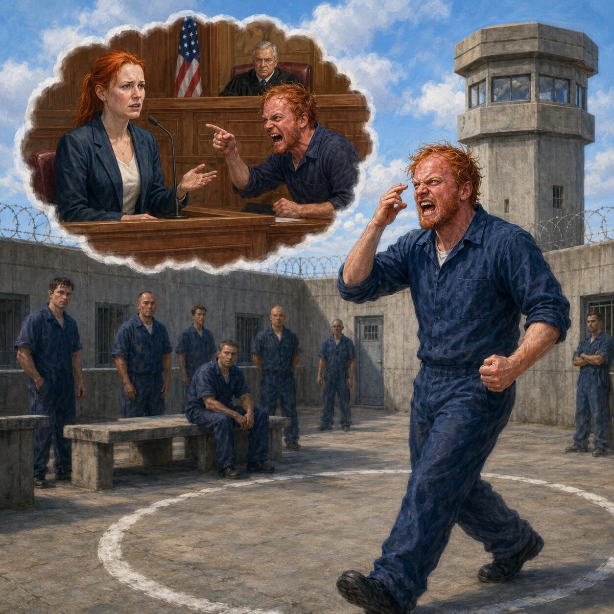 angry white male inmate pacing in circles on a prison rooftop