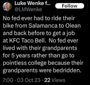luke wenke acting jealous of the federal government and thinking his life is hard october 2023