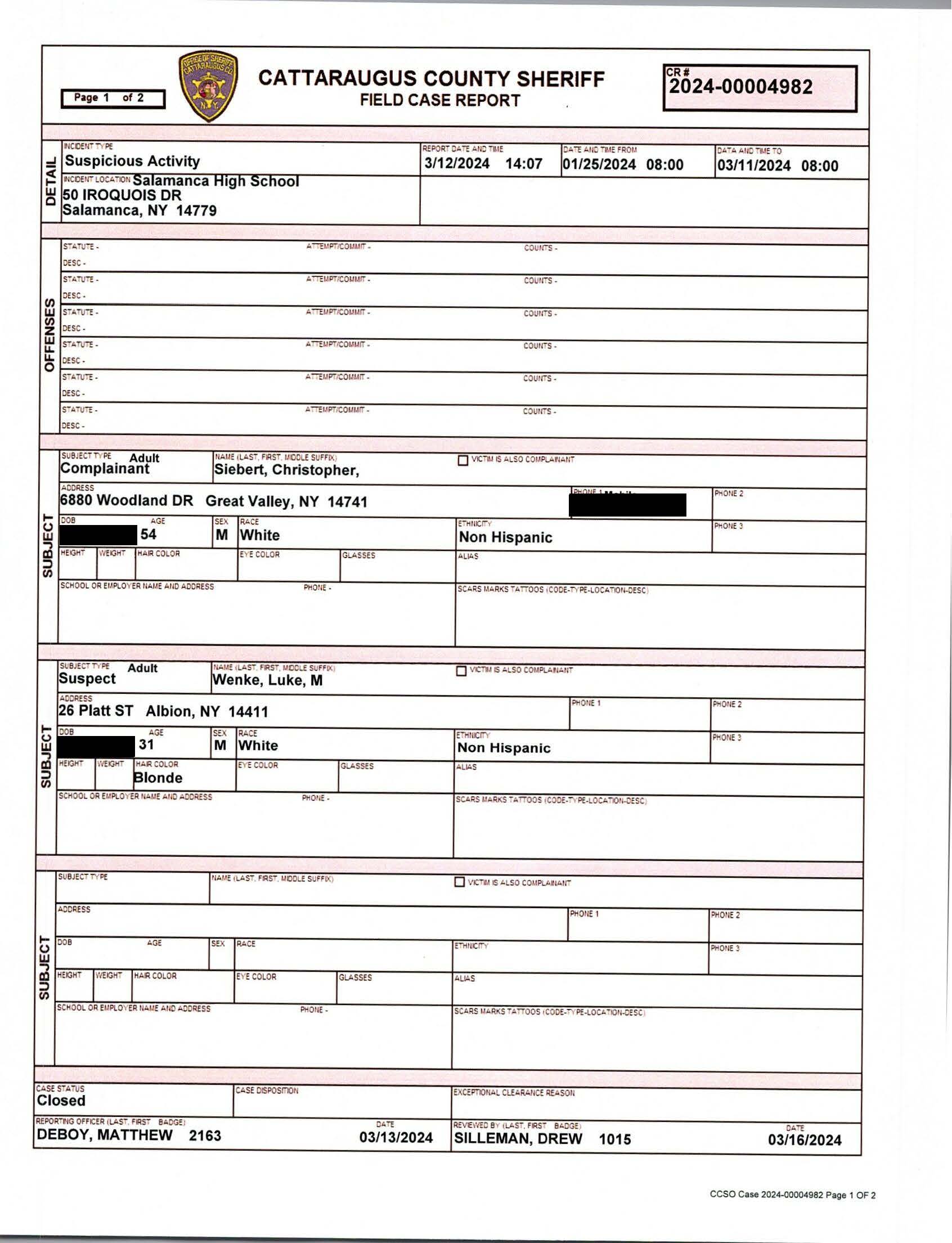 cattaraugus county sheriffs report on luke wenke 03/11/2024