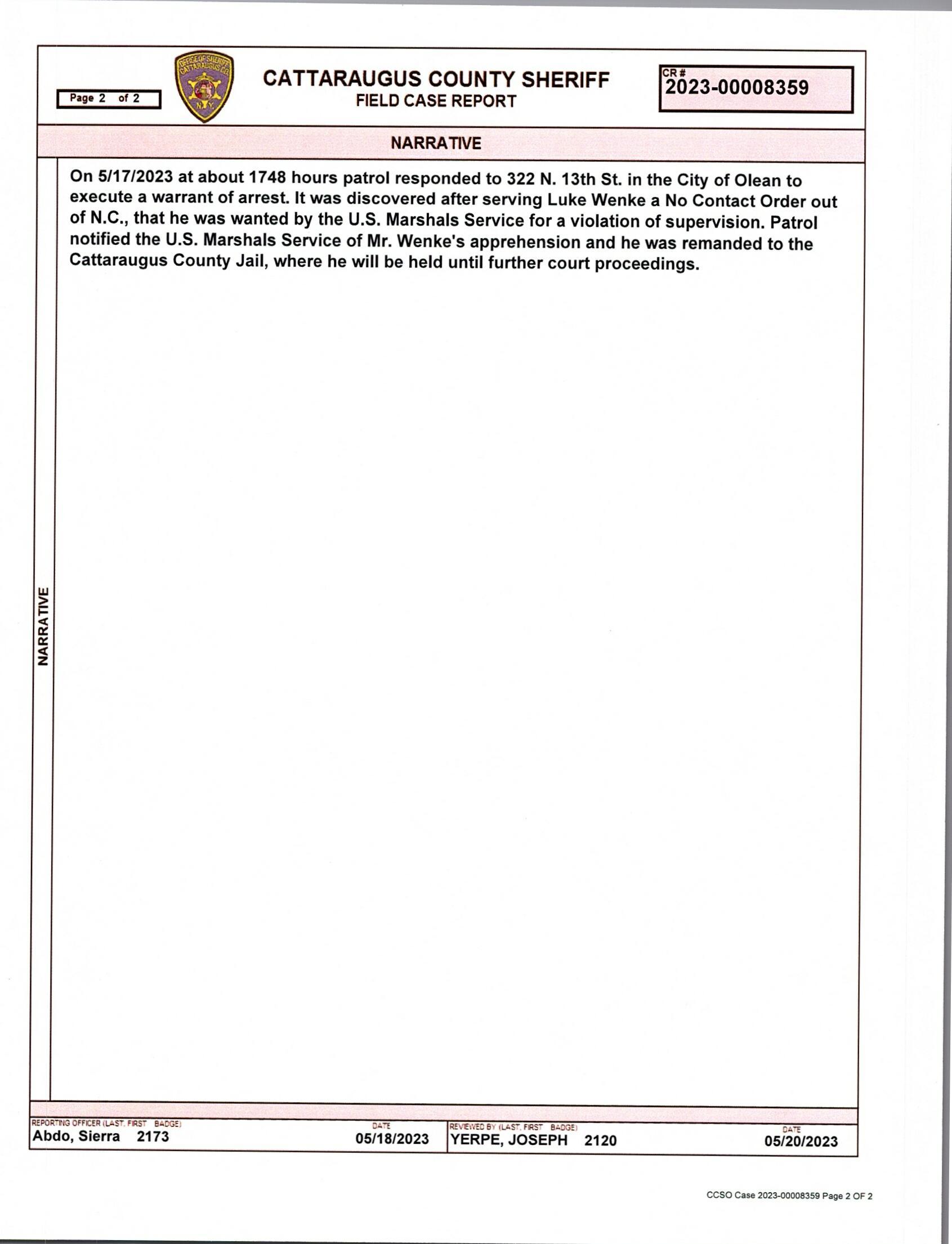 cattaraugus county ny sheriff's report on luke wenke 05/17/2023
