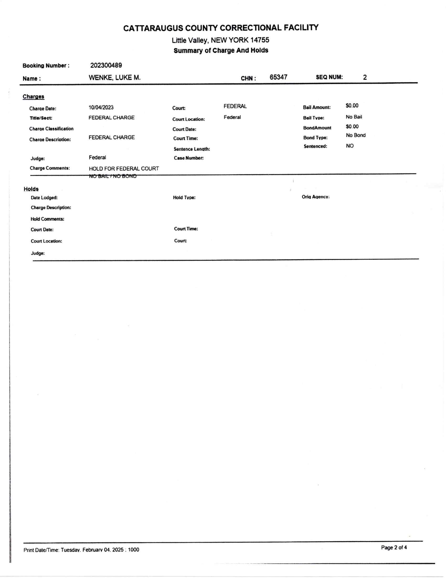 records detailing luke wenke's time at the cattaraugus county jail in little valley, ny from 10-04-2023-12/09/2023