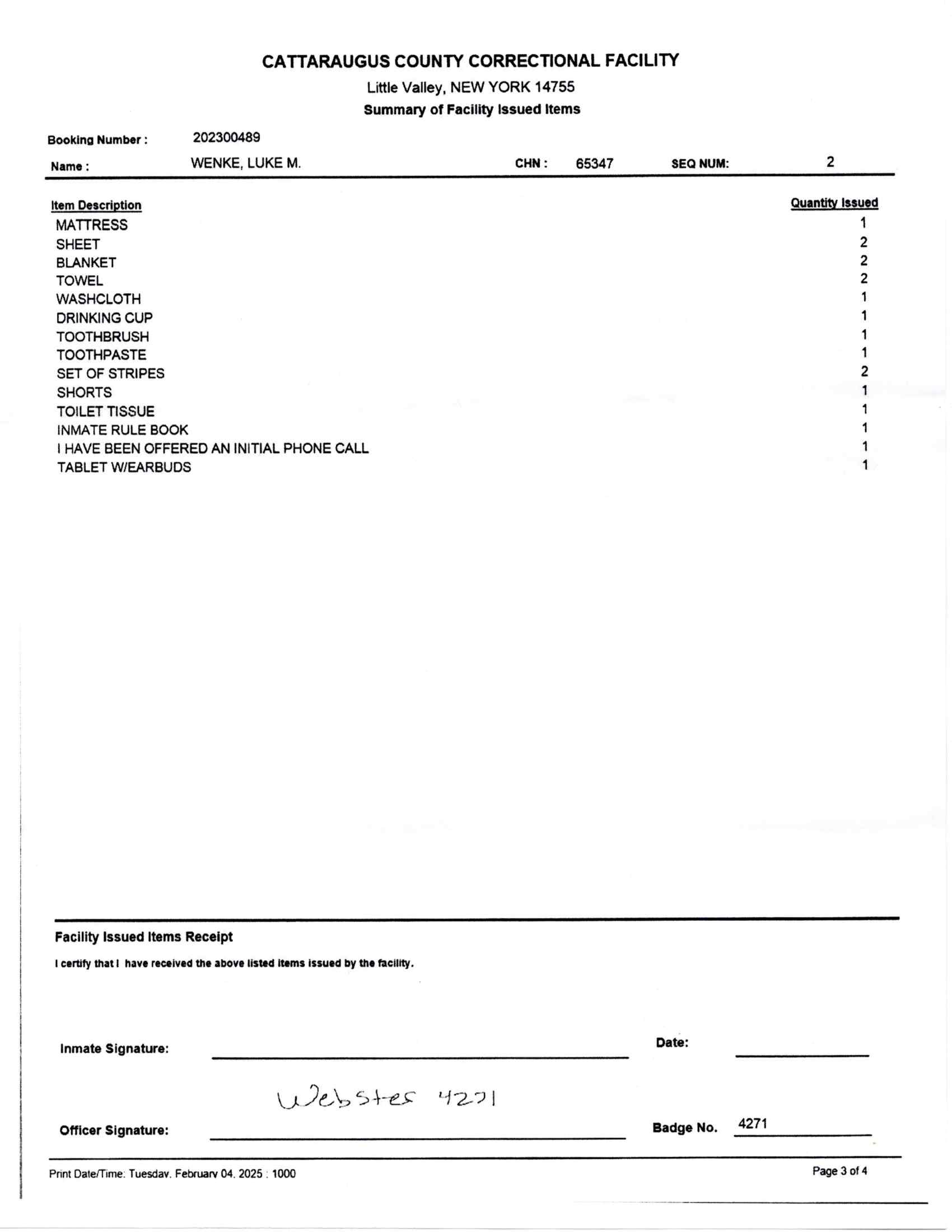 records detailing luke wenke's time at the cattaraugus county jail in little valley, ny from 10-04-2023-12/09/2023