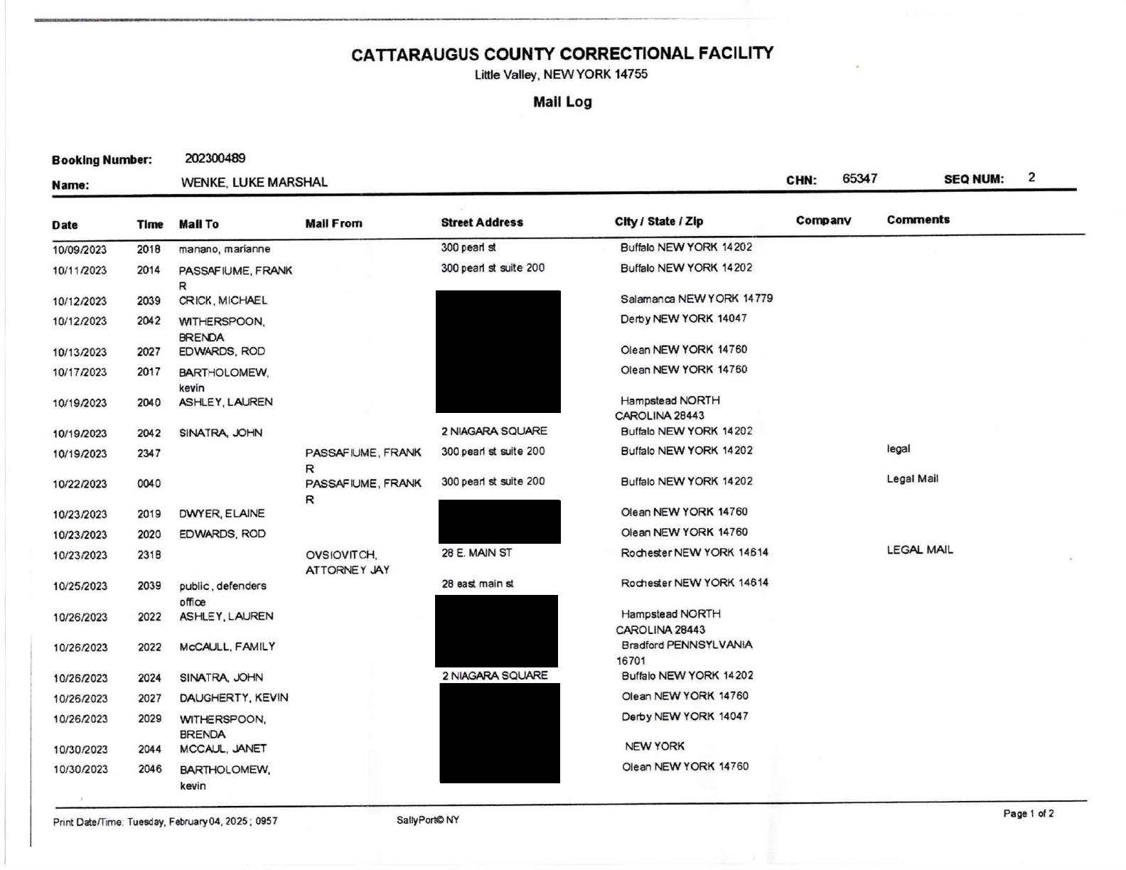 records detailing luke wenke's time at the cattaraugus county jail in little valley, ny from 10-04-2023-12/09/2023