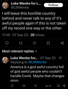 luke wenke threatens to leave america if he doesn't get his way x/twitter screenshot september 2023