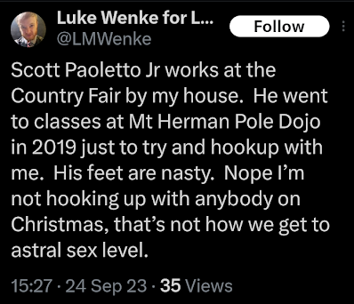 luke wenke trash talks gas station employee who attended his pole dancing class x/twitter screenshot september 2023