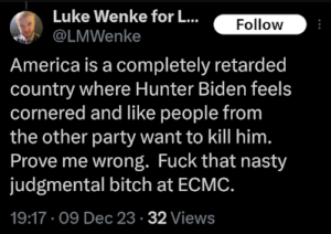 luke wenke calling america a "completely retarded country" and complaining about being psychologically evaluated