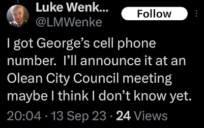 screenshot of a september 2023 luke wenke x/twitter post threatening to dox ny senator George Borrello